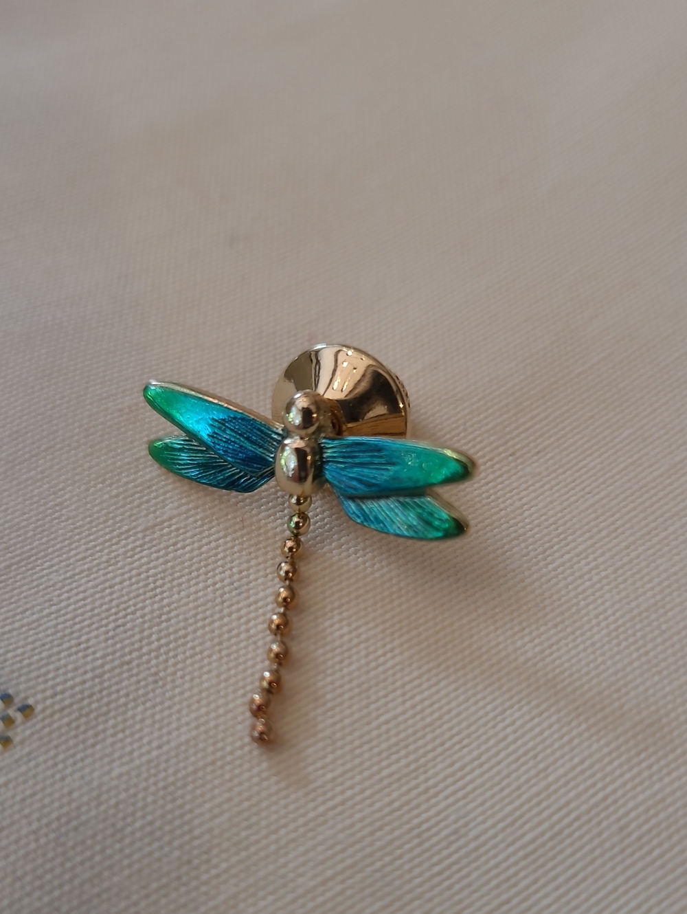 Vintage Avon Gold Tone Green Enamel Dragonfly Pin, Dangle Tail